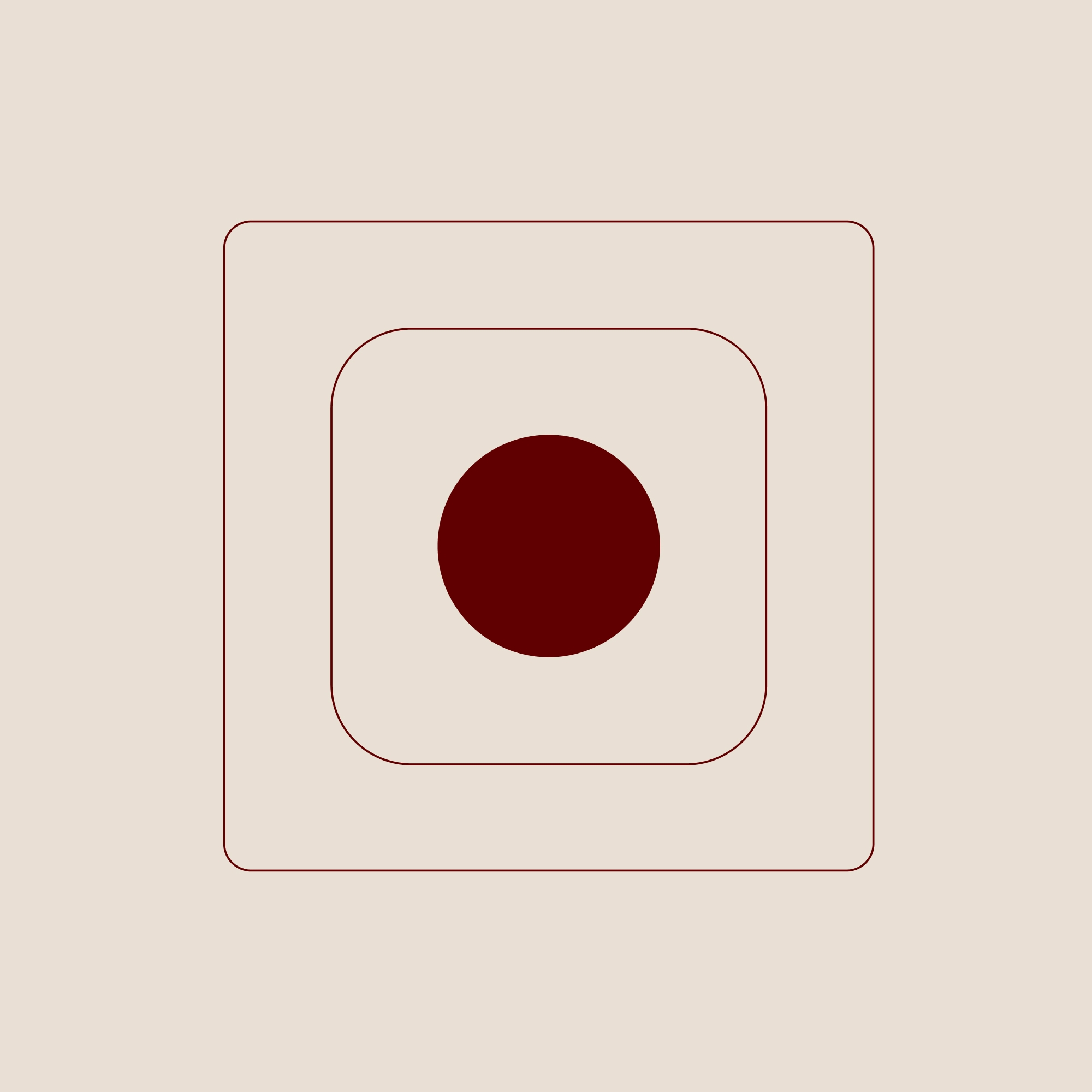 Dark red circle inside two rounded square outlines on a light beige background.