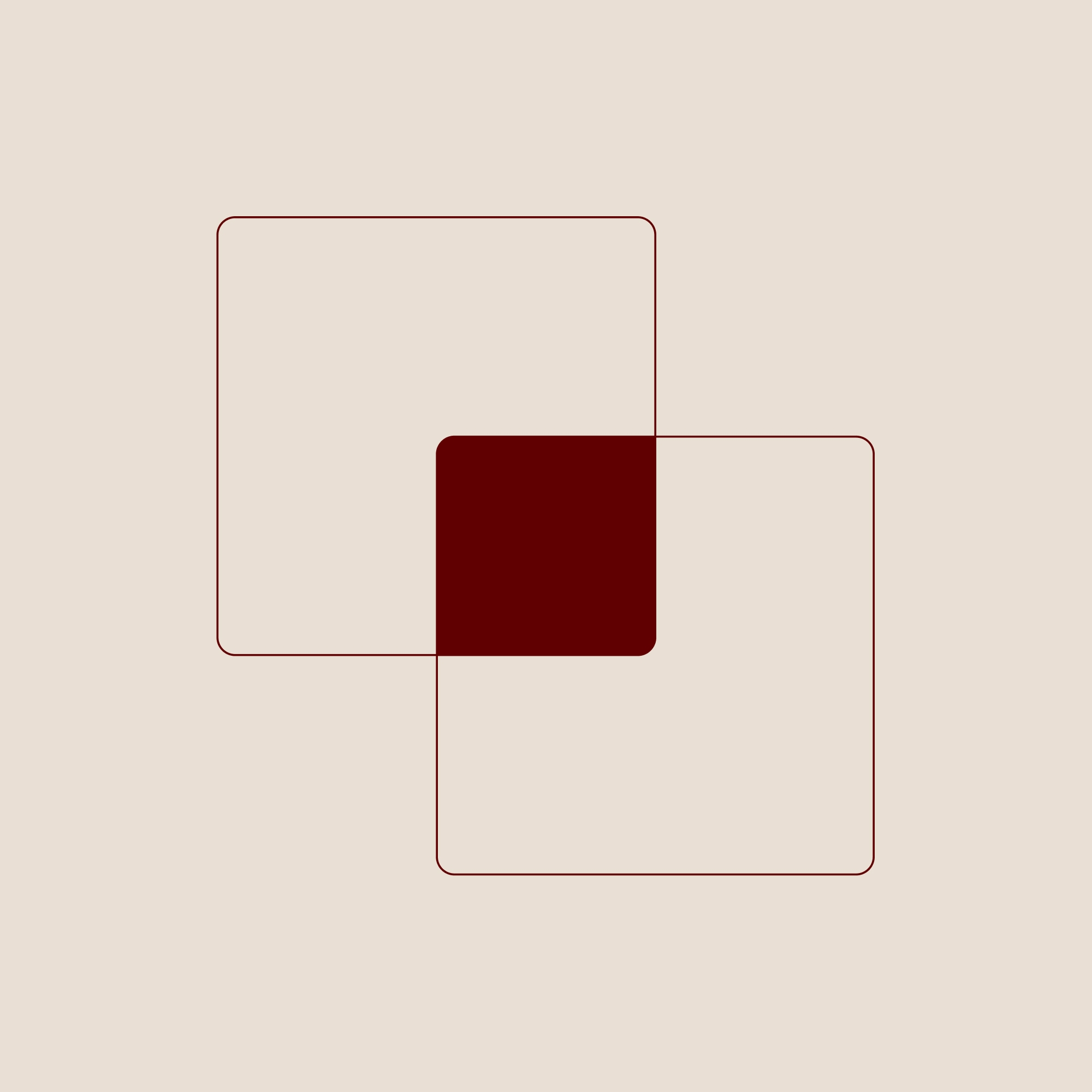 Two overlapping rounded squares with a dark red shape on a light beige background.