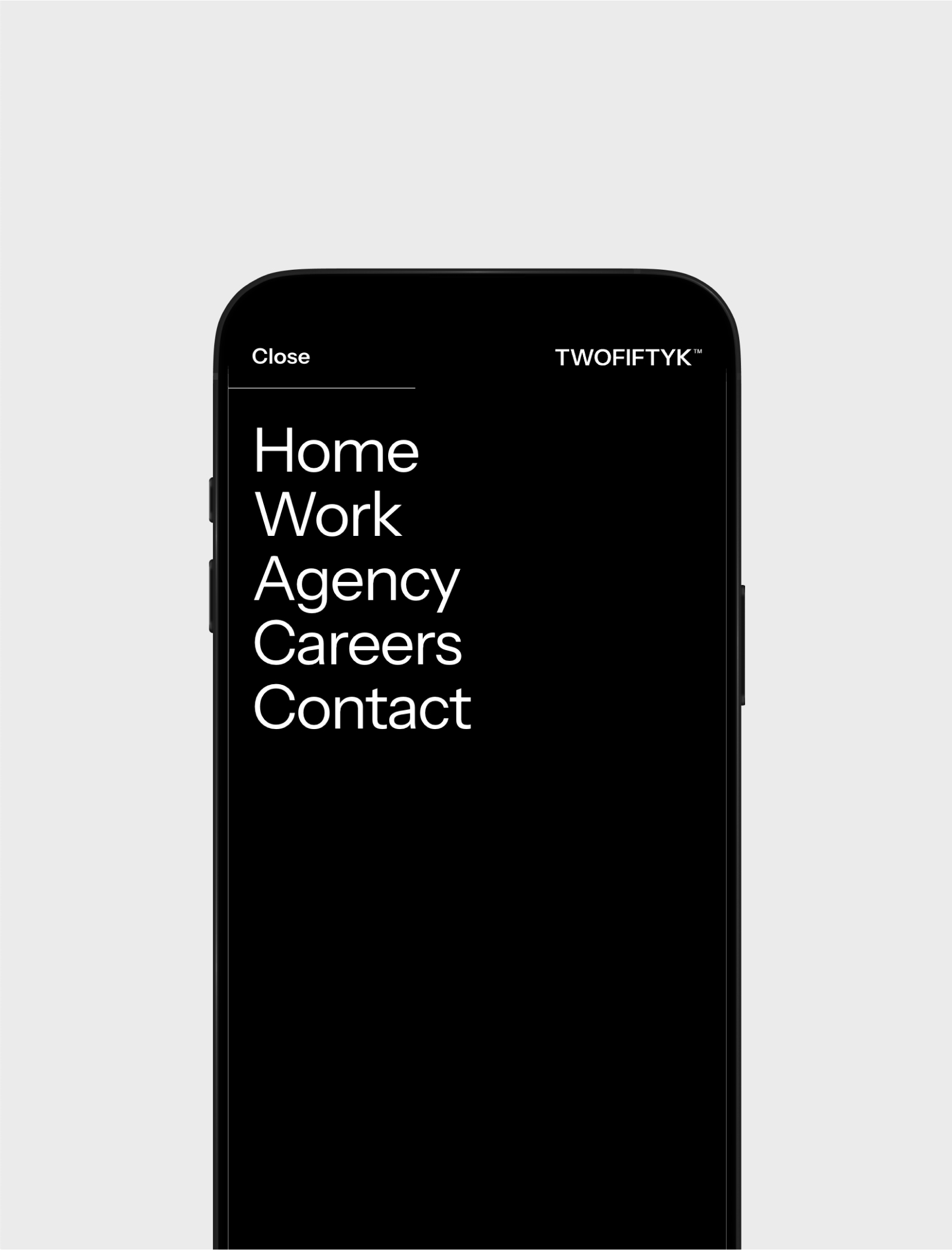 Mobiel menu van TWOFIFTYK met Home, Work, Agency, Careers en Contact