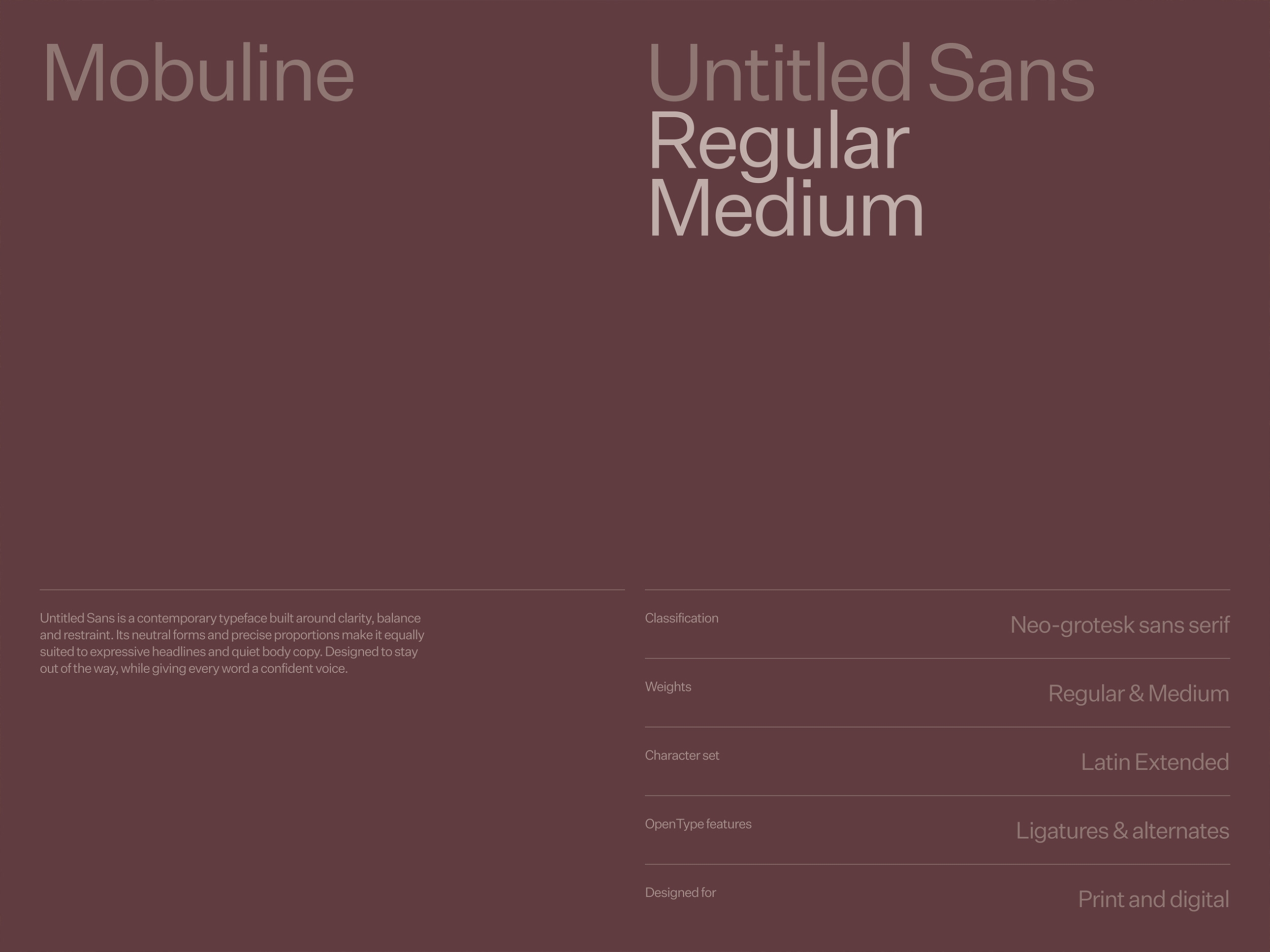 Typografie-overzicht van de Mobuline huisstijl met Untitled Sans Regular en Medium.