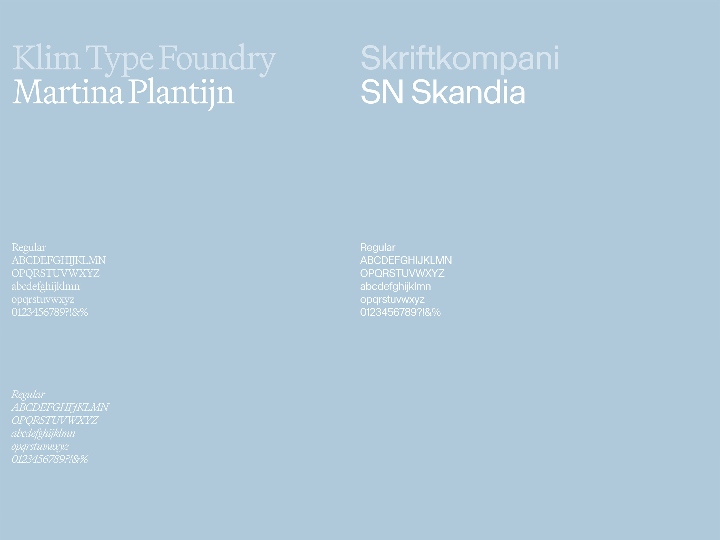 Lichtblauwe achtergrond met tekst over lettertypen van Klim Type Foundry en Skriftkompani, inclusief alfabet en cijfers in verschillende stijlen.