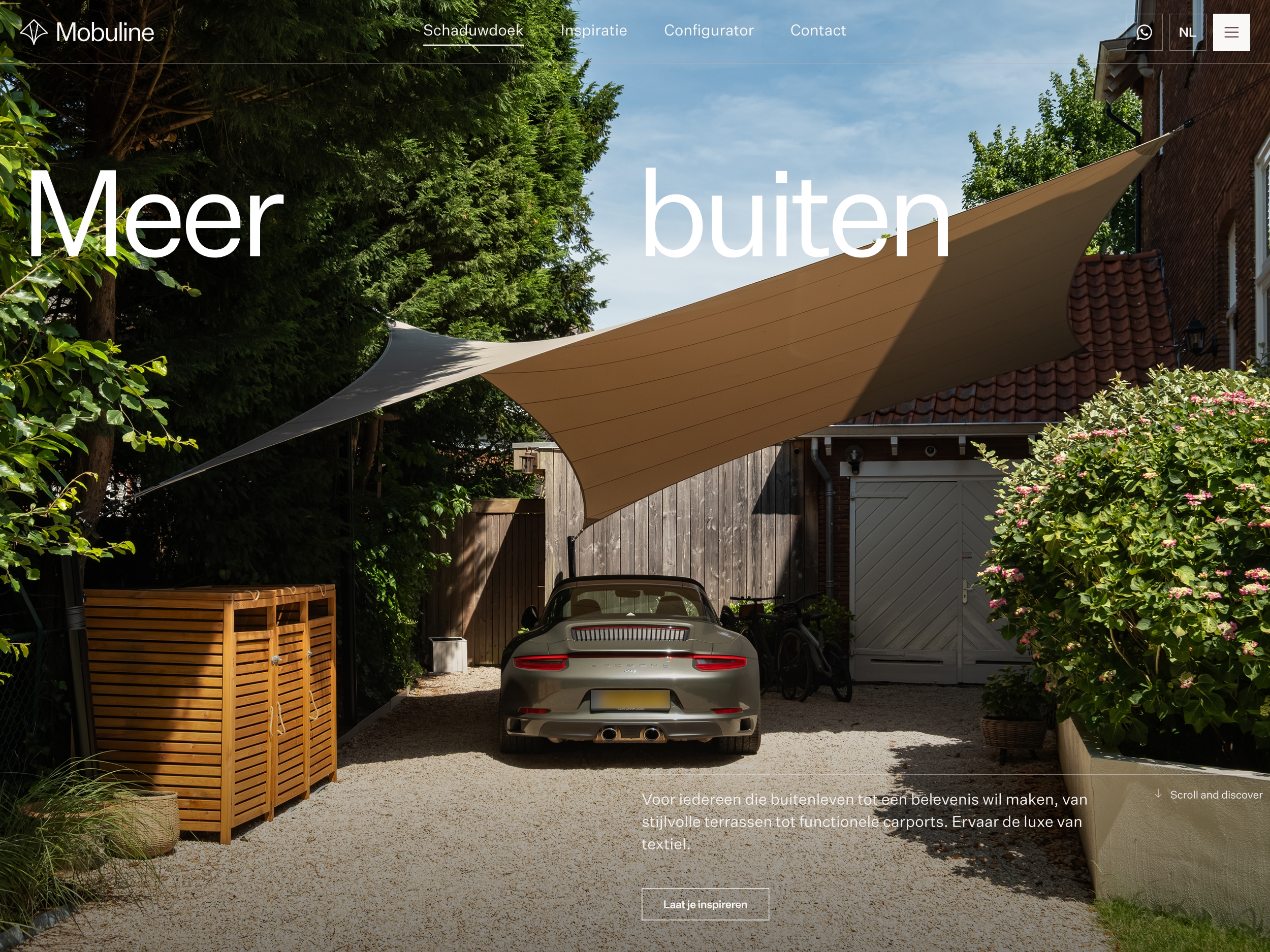 Homepage van Mobuline met een schaduwdoek boven een auto en de titel Meer buiten.
