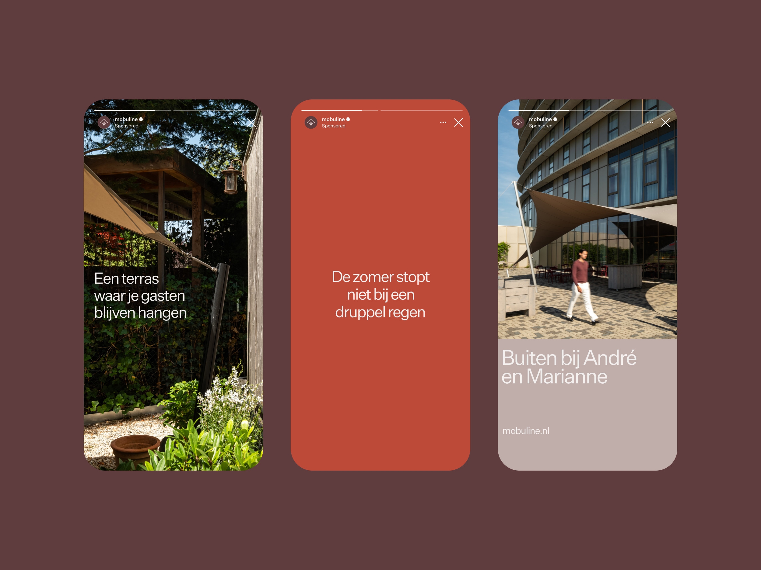 Drie mobiele schermontwerpen van de Mobuline website op een bordeauxrode achtergrond.