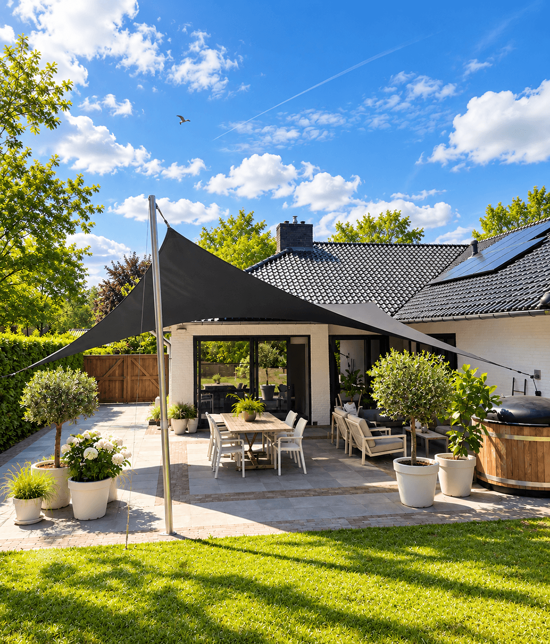 Maatwerk textiele overkapping boven een ruim terras aan een moderne woning.