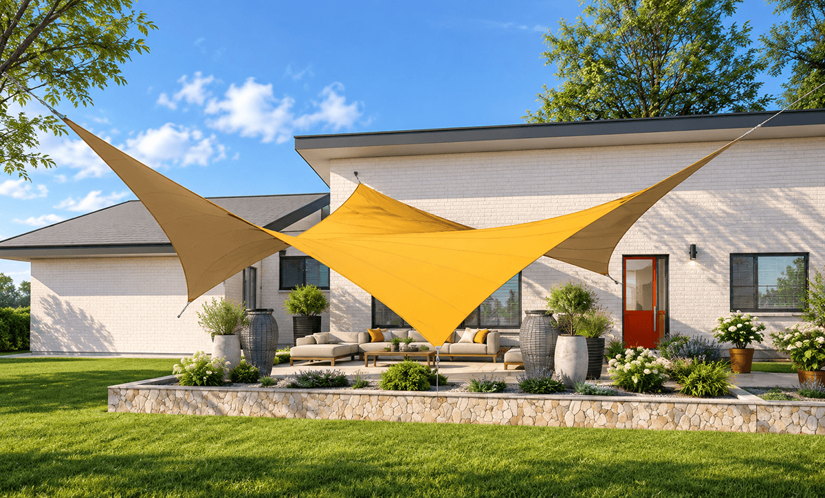 3D-render voor een klant met een op maat ontworpen Mobuline schaduwdoek als terrasoverkapping bij een moderne woning.