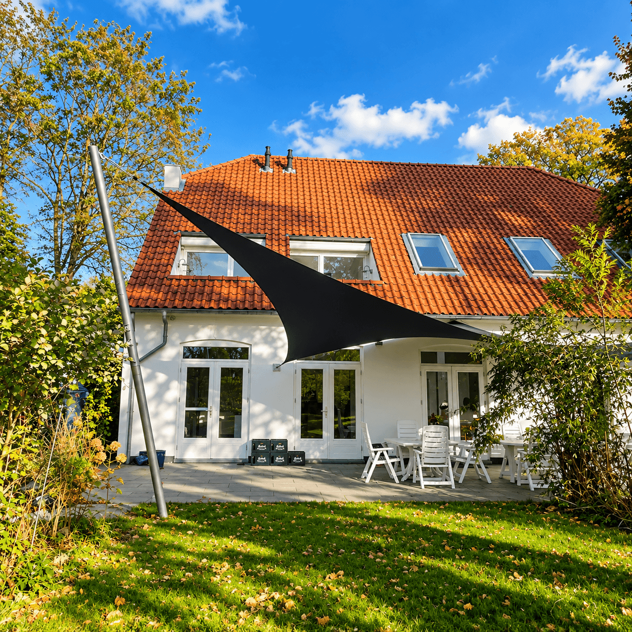 Maatwerk zonnedoek van Mobuline boven een terras aan huis voor schaduw en comfortabel buitenleven.