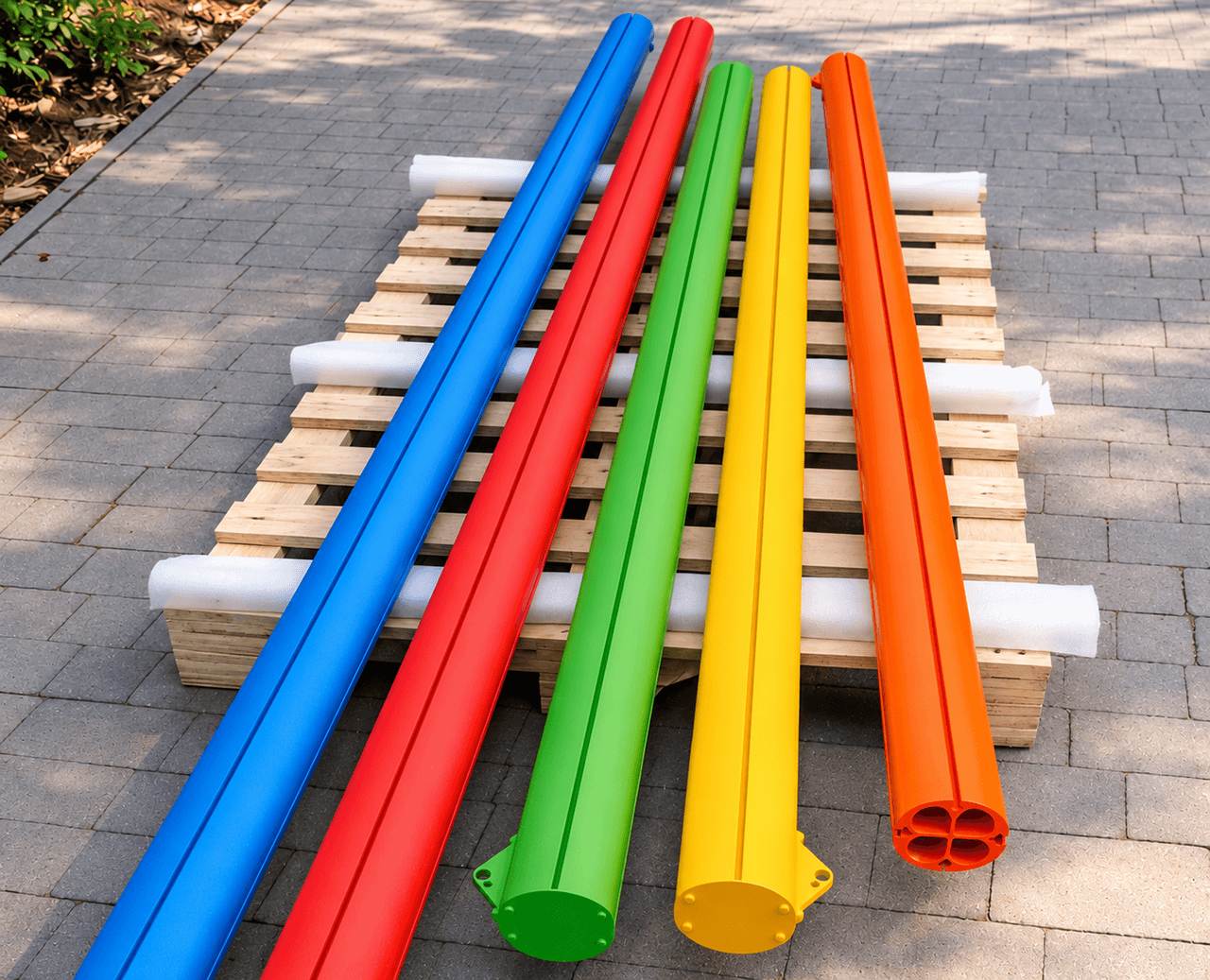 Gekleurde constructiemasten van Mobuline voor een architectonische textieloverkapping op maat, uitgevoerd in blauw, rood, groen, geel en oranje.