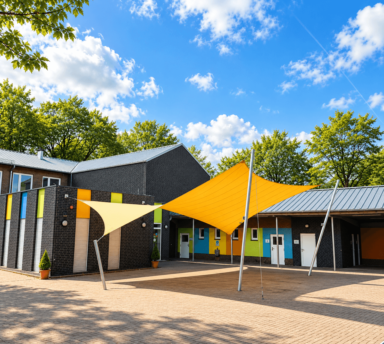 Twee textiele overkappingen boven een ruime buitenplaats bij een openbaar gebouw.