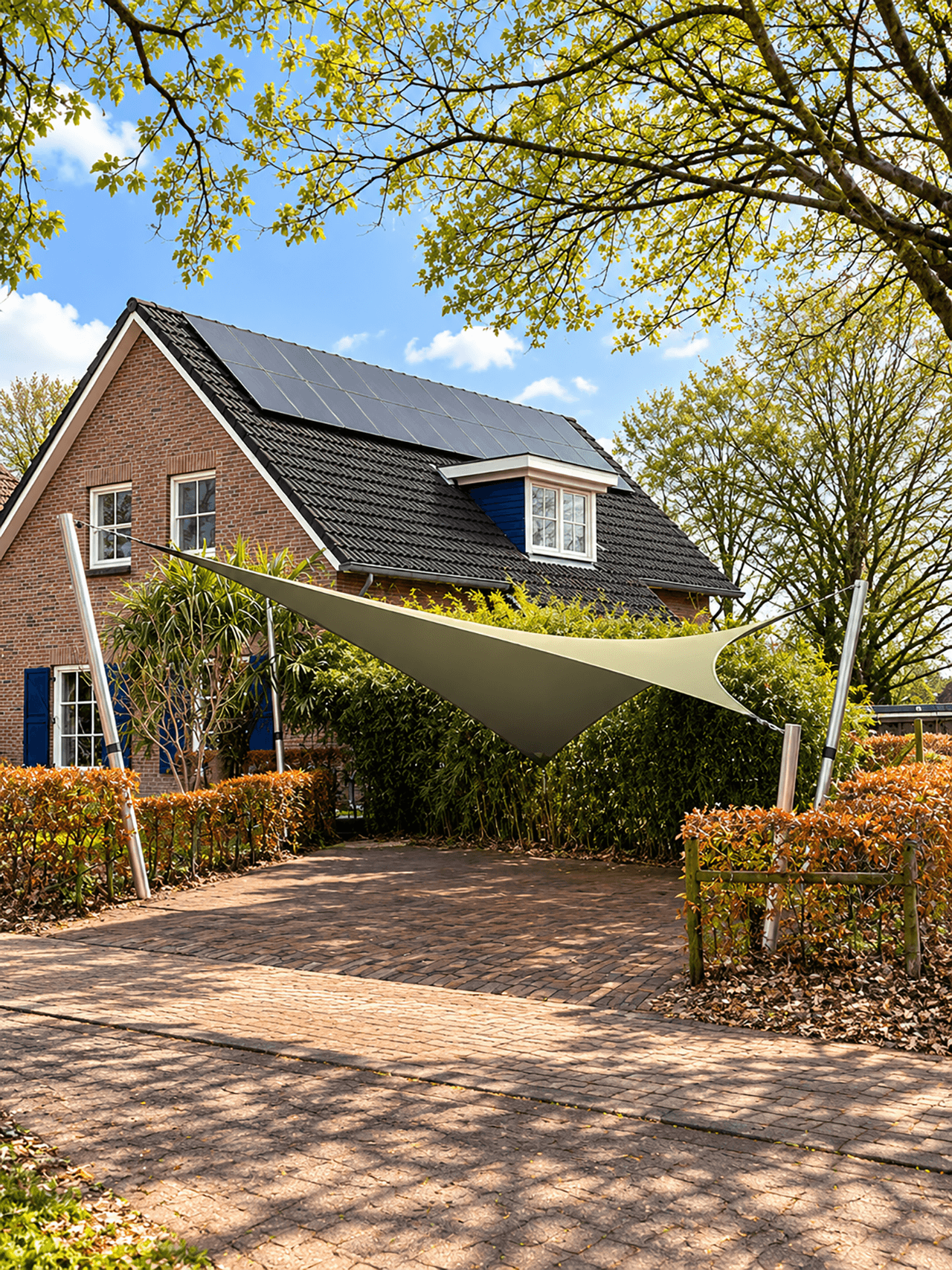 Maatwerk schaduwdoek als carport voor een landelijke woning.