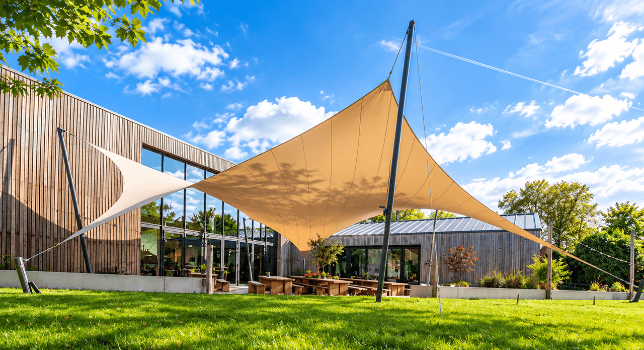 Grote textiele overkapping boven het terras van het Alfa Brouwerijcafé.