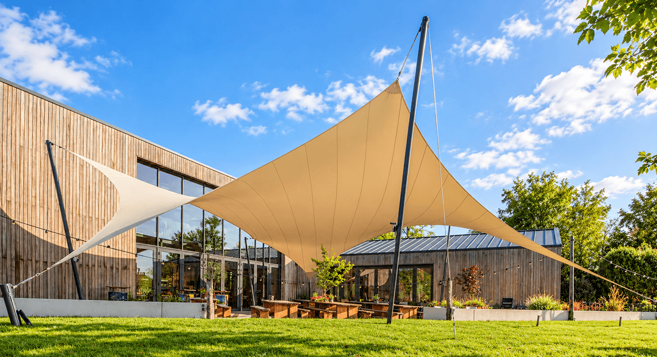 Maatwerk design schaduwdoeken boven het terras van Alfa Brouwerijcafé.