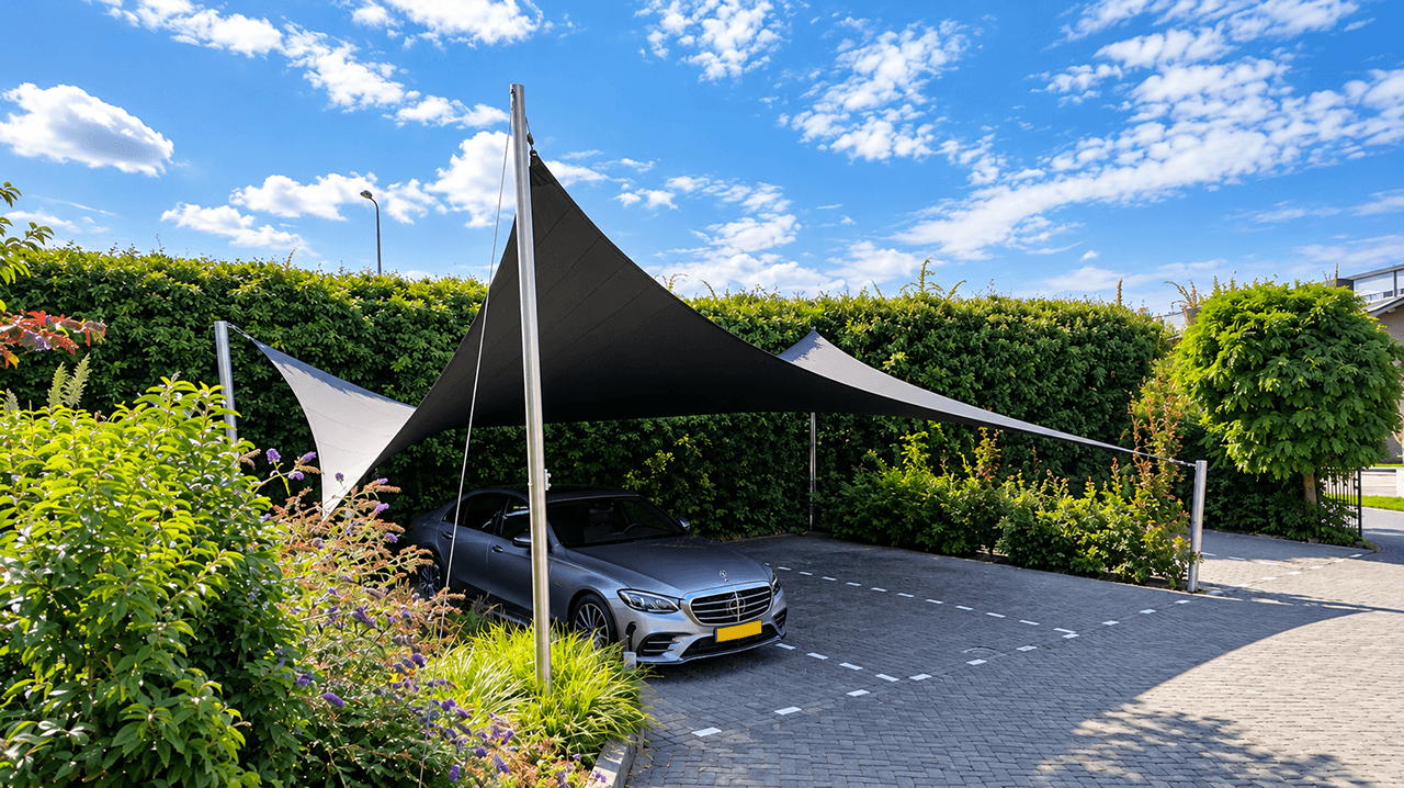 Zwarte textiele design carport met aluminium masten en een auto geparkeerd onder de overkapping.
