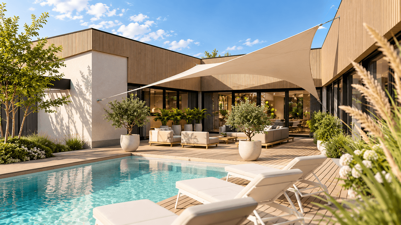 Luxe terras met zwembad en maatwerk zonnedoek van Mobuline voor stijlvolle schaduw en comfort.
