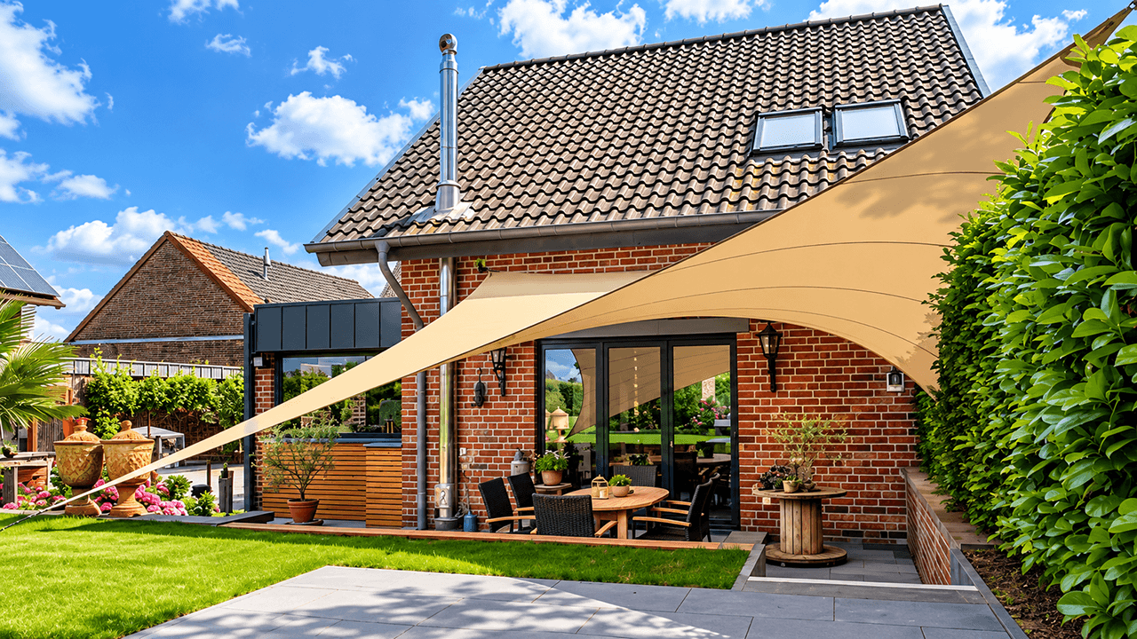 Luxe design schaduwdoek boven het terras van een karakteristieke woning met aangelegde tuin.