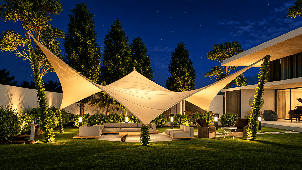 Maatwerk textiele overkapping van Mobuline boven een luxe lounge in de tuin, sfeervol verlicht in de avond.
