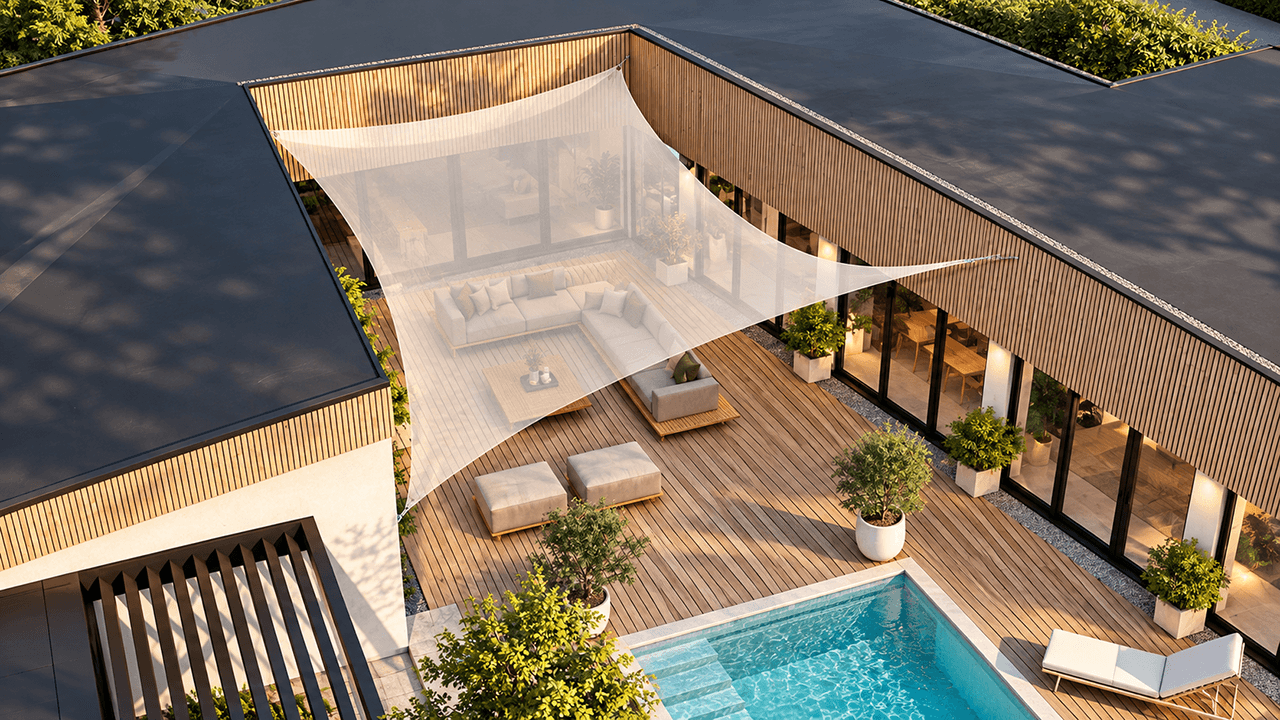 3D-visualisatie van een maatwerk zonnedoek van Mobuline boven een terras met lounge en zwembad.
