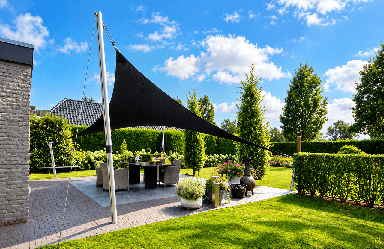 Maatwerk membraanoverkapping boven een ruim terras met eettafel in een groene tuin.