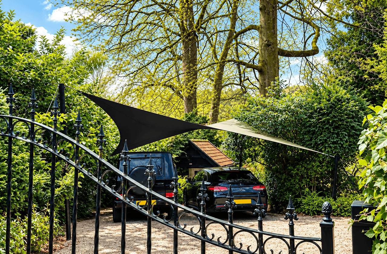 Zwarte design carport van gespannen textiel boven twee auto’s in een groene tuin.