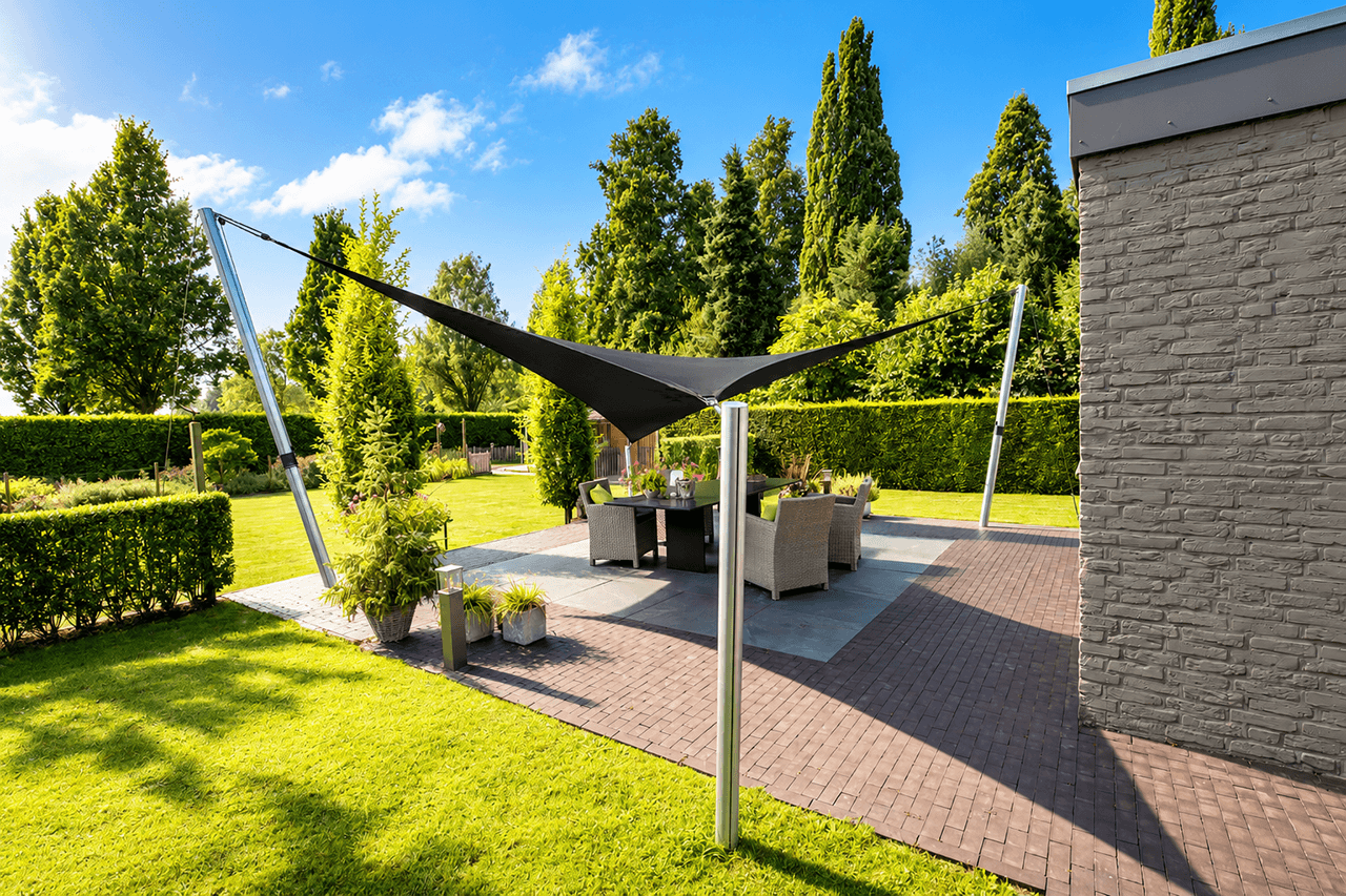 Maatwerk membraanoverkapping boven een ruim terras met eettafel in een groene tuin.
