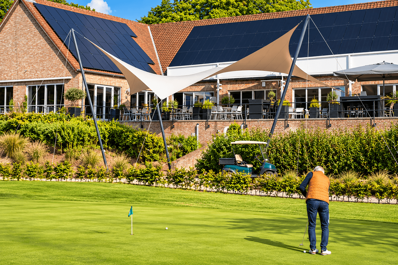 Grote design schaduwdoeken boven het terras van een golfclub, gezien vanaf de golfbaan met een golfer op de voorgrond.