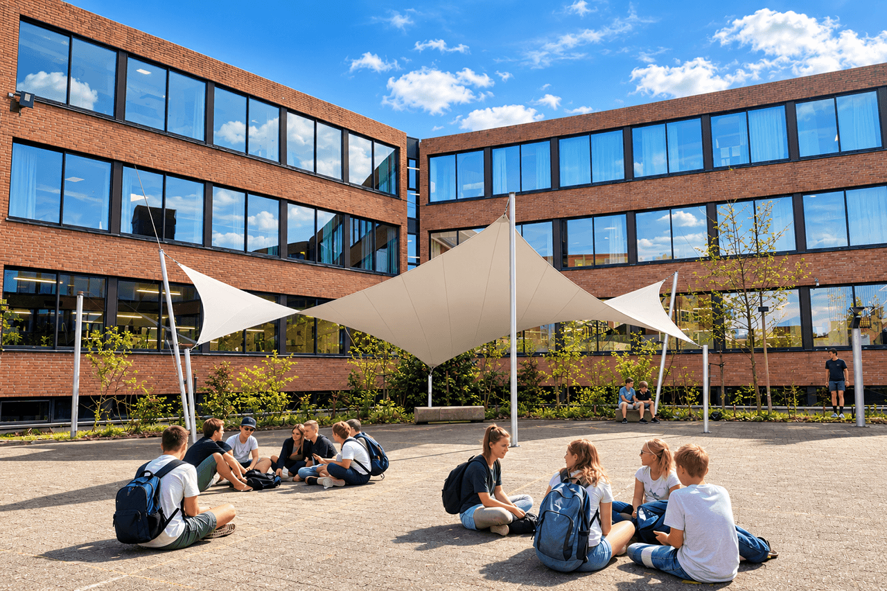 Grote architectonische textieloverkapping van Mobuline op een schoolplein, ontworpen als maatwerk schaduwvoorziening voor leerlingen.