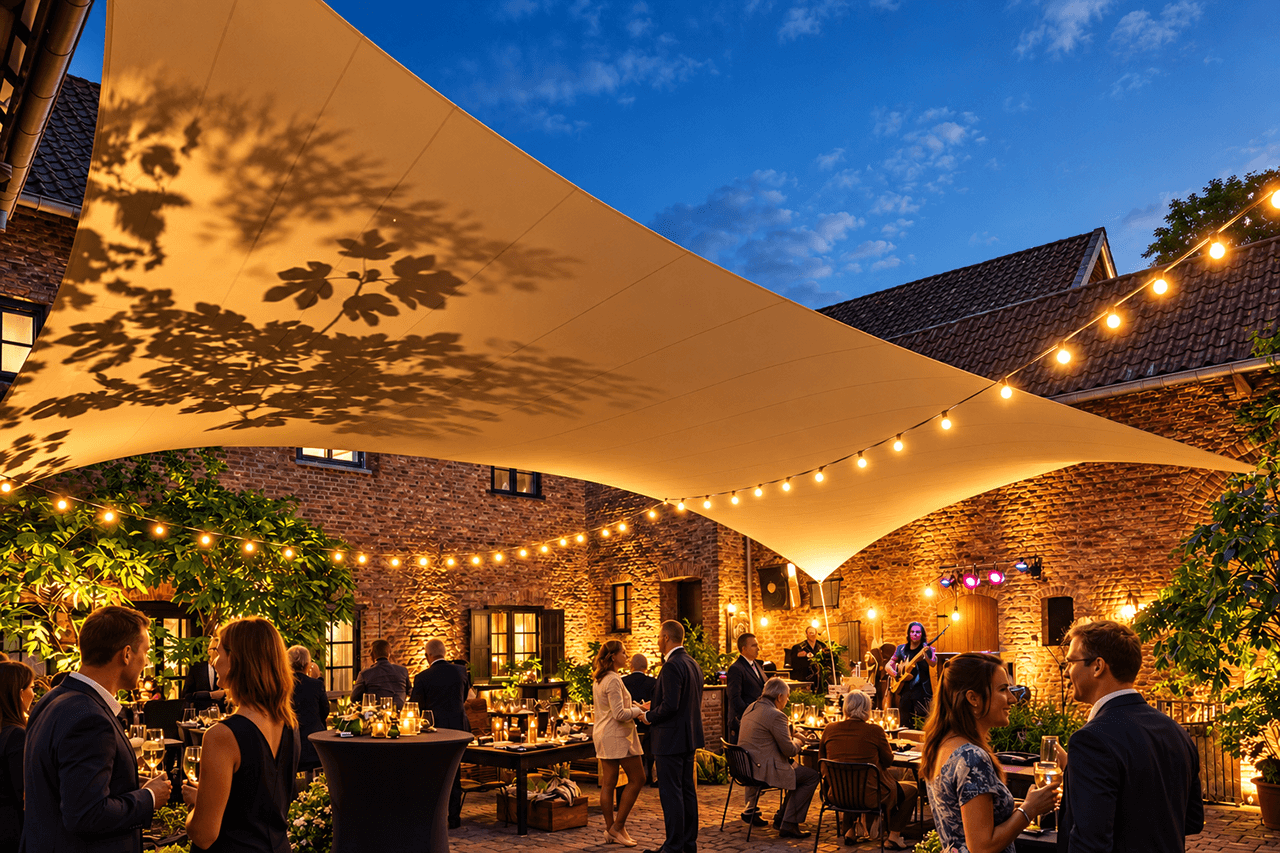 Sandfarbenes Mobuline Architektur-Segeldach über einem historischen Innenhof mit Gästen, stimmungsvollen Lichterketten und festlicher Beleuchtung am Abend.