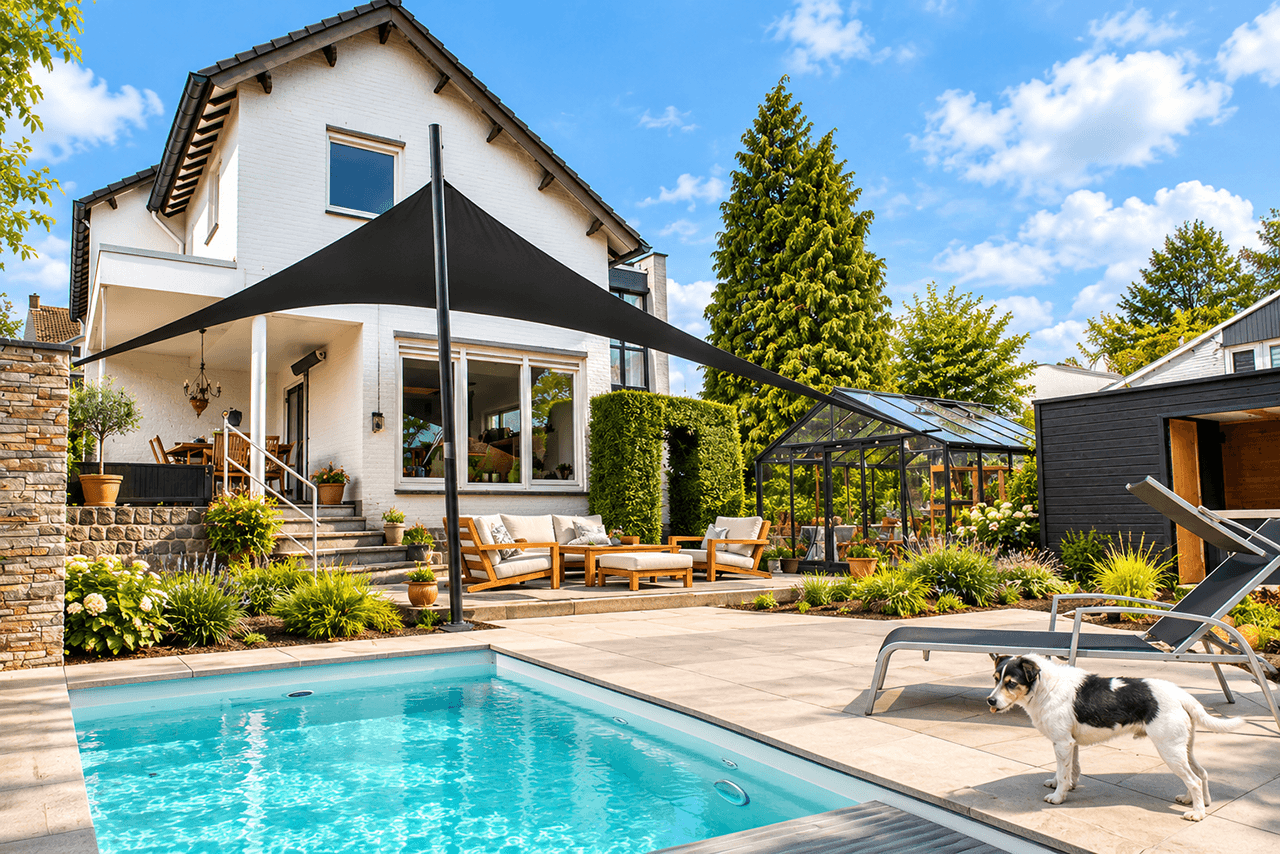 Luxe design schaduwdoek boven een terras bij een woning met zwembad en ruime tuin.