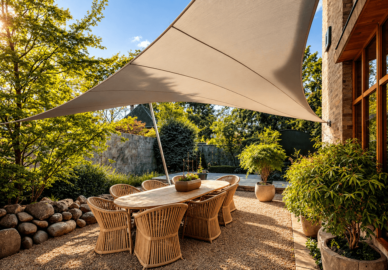 Architectonische textieloverkapping van Mobuline boven een ruim terras met eettafel in een groene tuin, ontworpen als maatwerk schaduwoplossing.