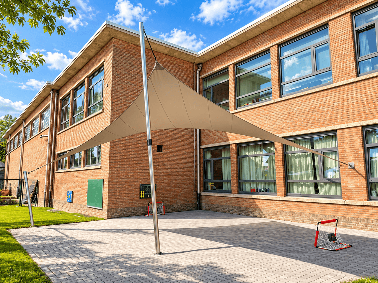 Maatwerk textiele overkapping boven een buitenruimte bij een schoolgebouw.