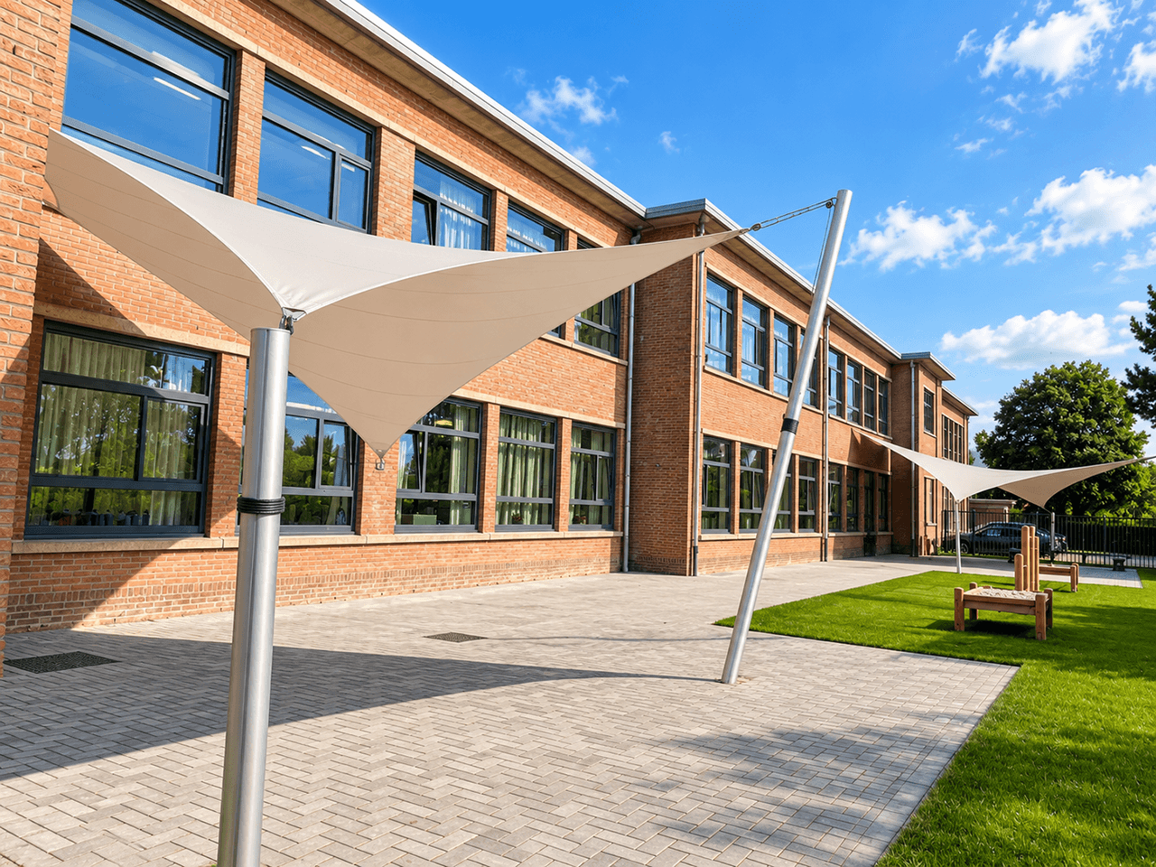 Meerdere architectonische textieloverkappingen van Mobuline langs een schoolgebouw, ontworpen als maatwerk schaduwvoorziening voor het schoolplein.