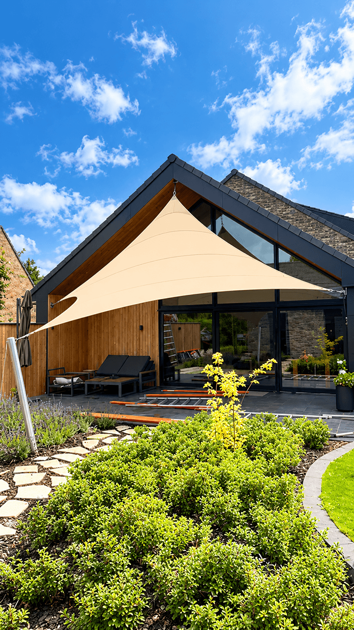 Luxe design schaduwdoek boven het terras van een moderne loftwoning met grote raampartijen.