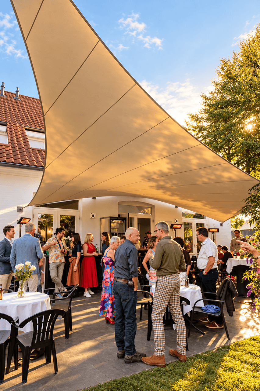 Grote architectonische textieloverkapping van Mobuline boven een terras met gasten tijdens een evenement.
