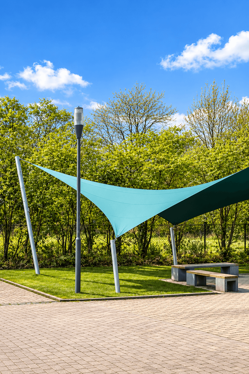 Kleurrijke architectonische textieloverkapping van Mobuline boven een zitplek in de openbare buitenruimte, uitgevoerd als maatwerk schaduwvoorziening.