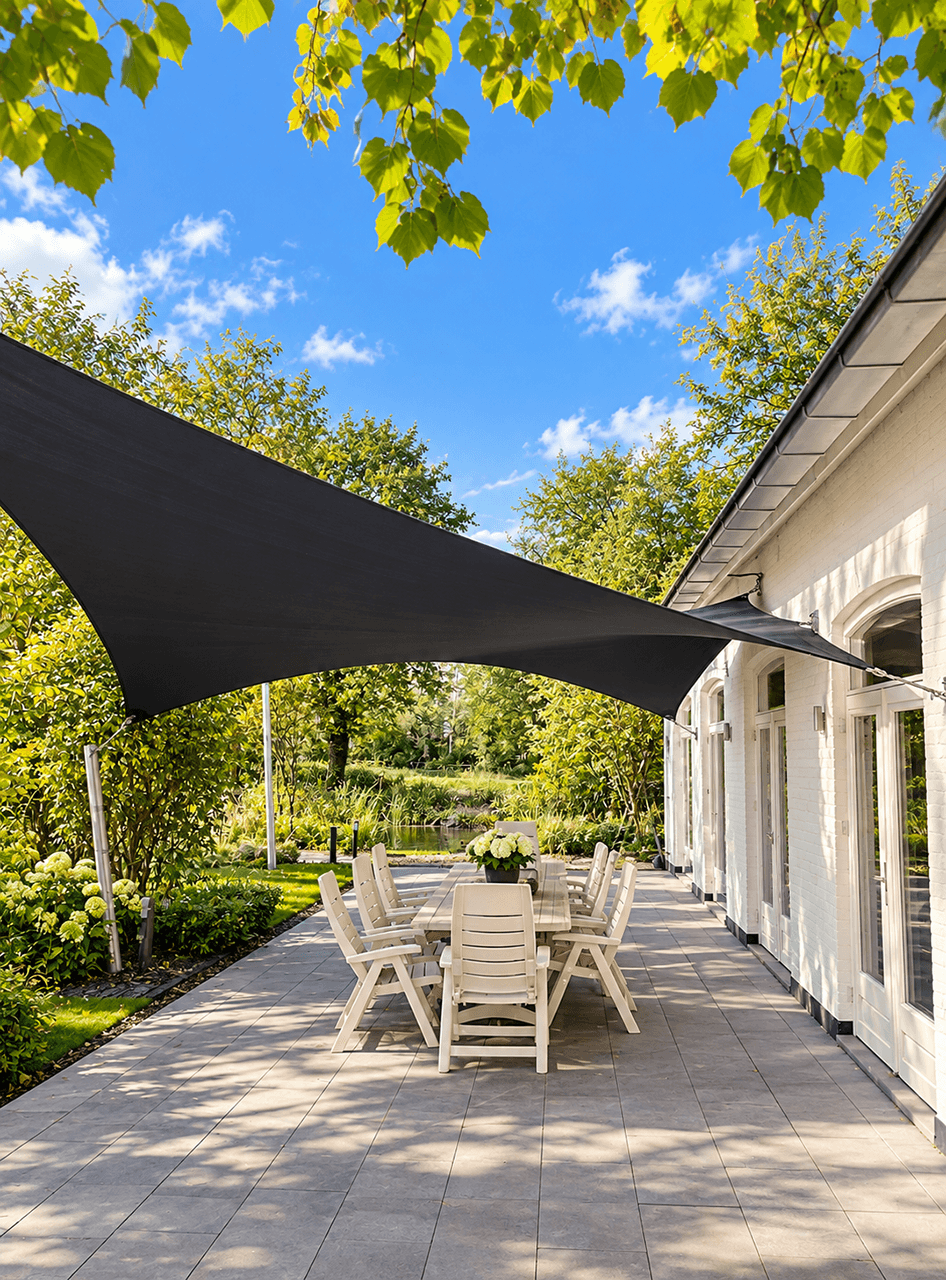 Maatwerk zonnedoek van Mobuline boven een terras aan huis met eethoek, omgeven door een natuurlijke tuin.