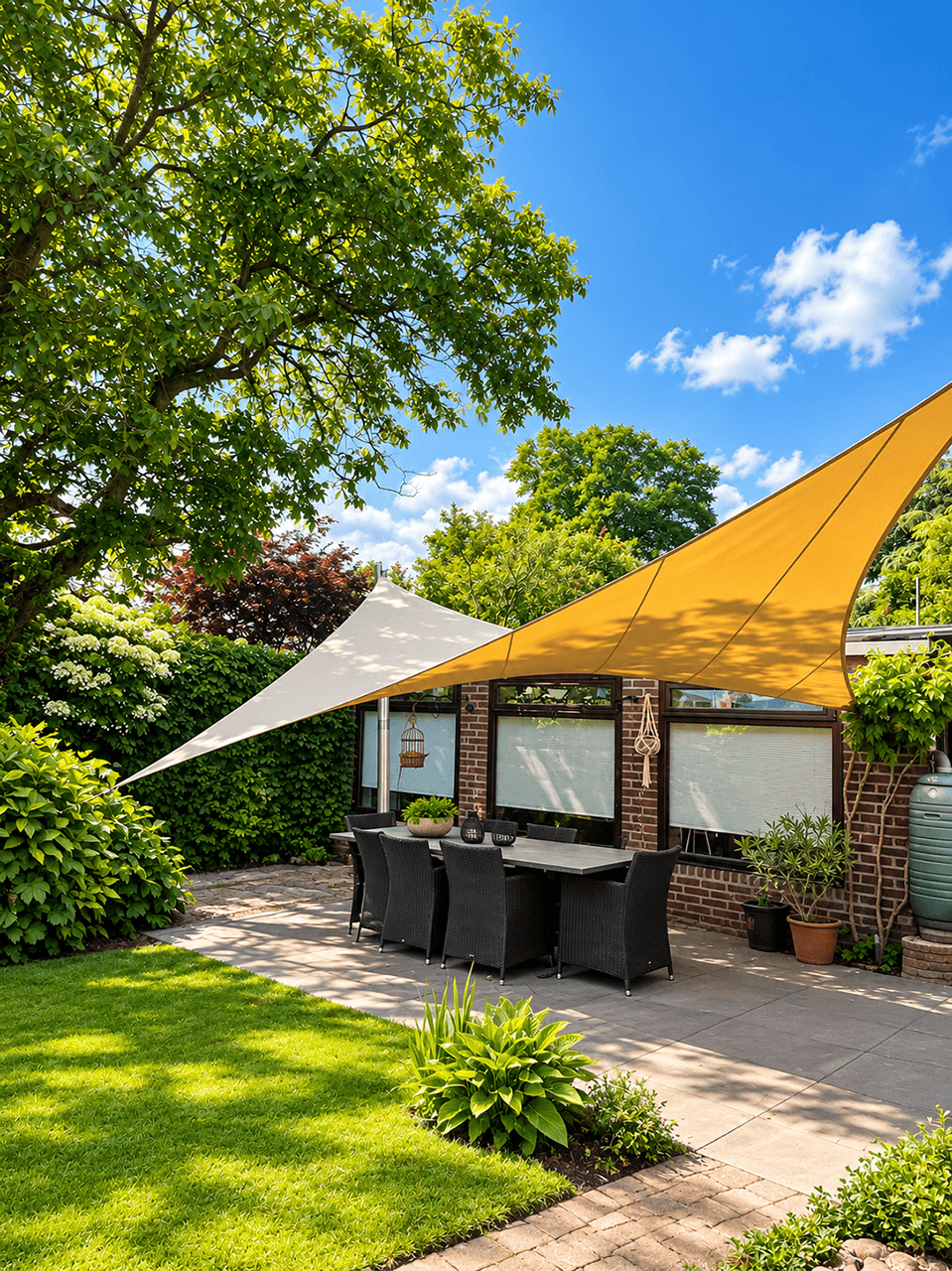 Maatwerk textiele overkapping boven een terras in een groene achtertuin.