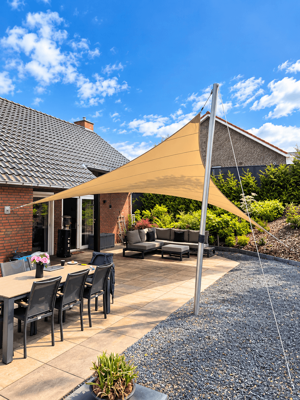 Maatwerk textiele overkapping boven een ruim terras met eettafel en zithoek.