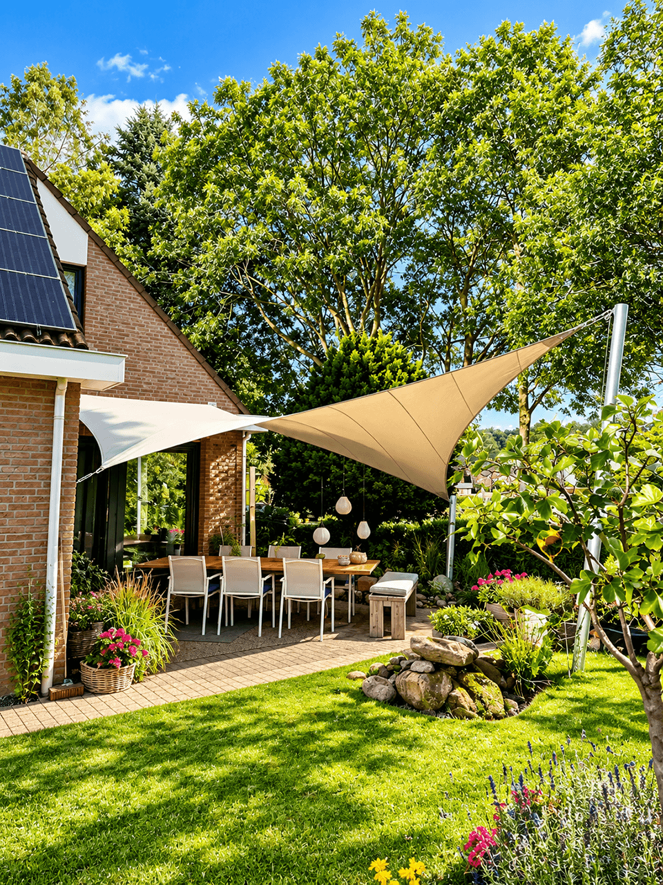 Luxe design schaduwdoeken boven het terras van een woning, geïntegreerd in de tuin en architectuur.