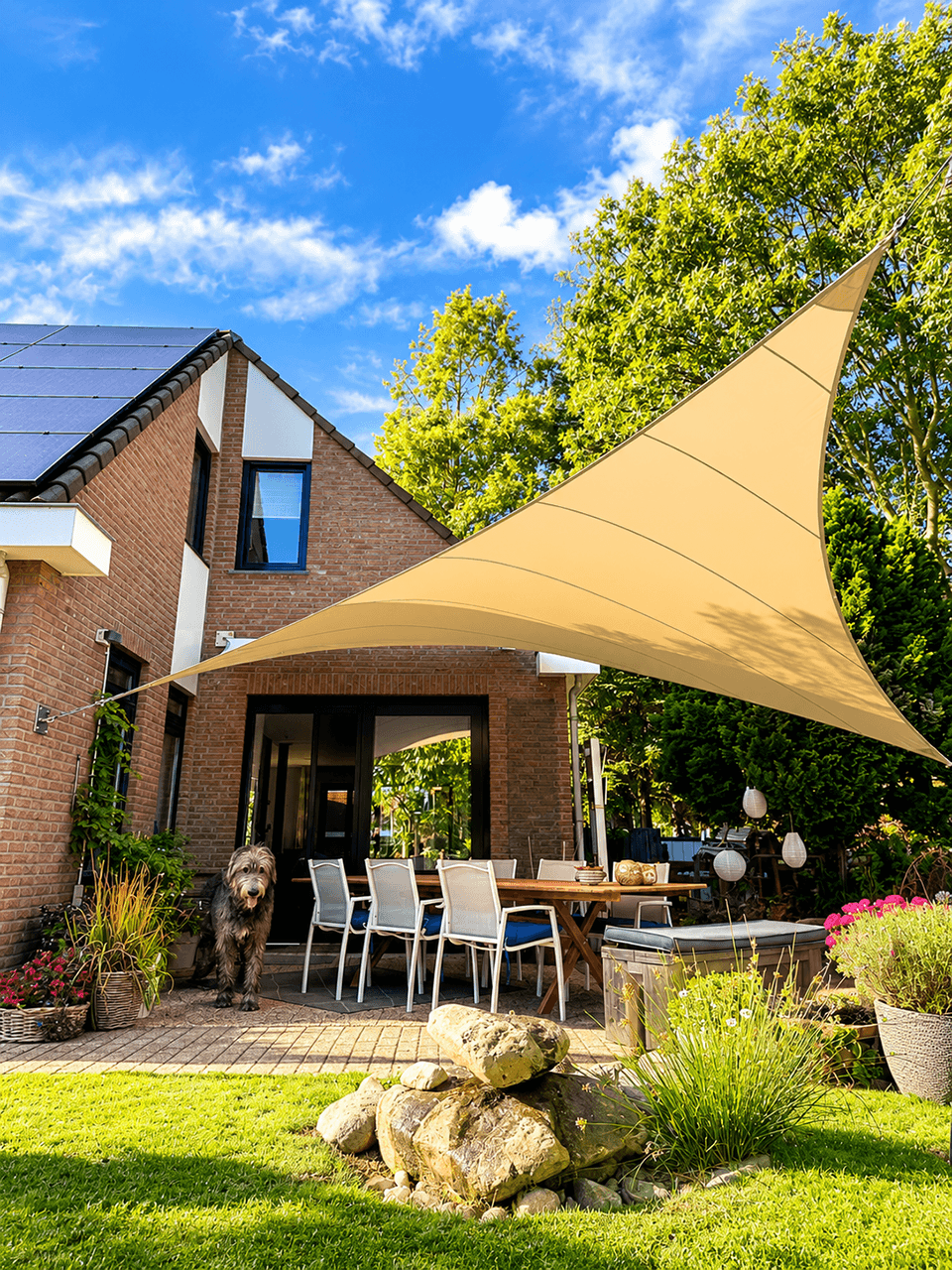 Textiele overkapping boven een terras aan een woning, omringd door een groene tuin.