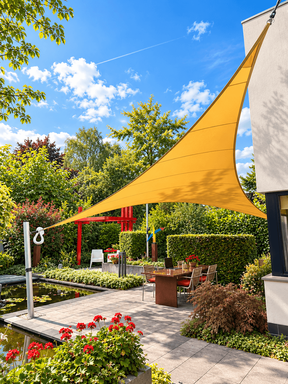 Maatwerk textiele overkapping boven een terras aan een woning, naast een vijver.