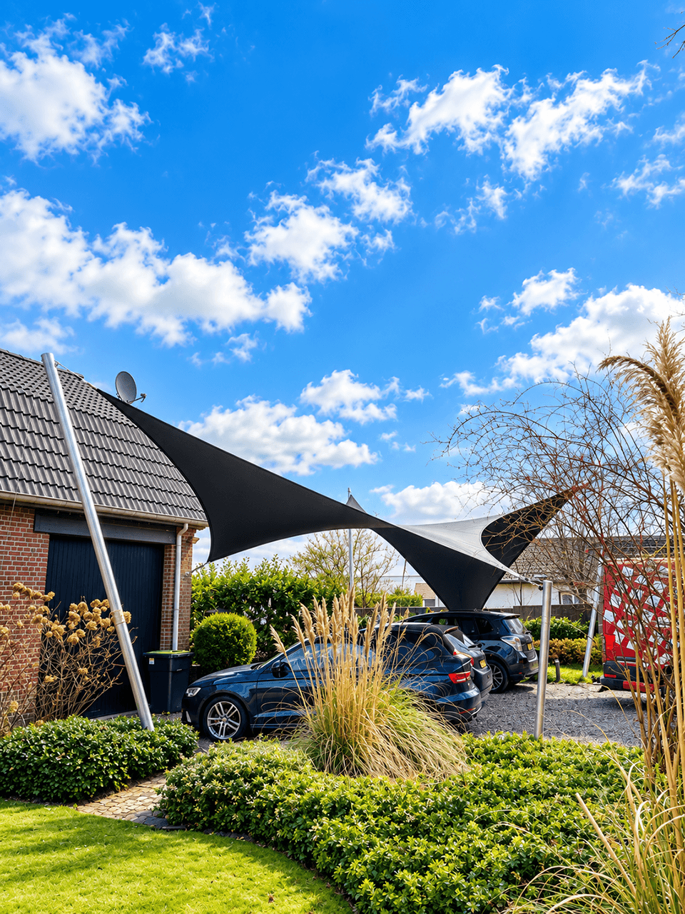 Zwart-witte design carport van gespannen textiel boven meerdere auto’s bij een woning.
