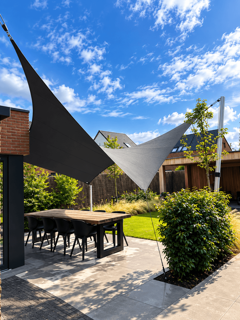 Luxe design schaduwdoek boven het terras van een moderne loftwoning met aangelegde tuin.