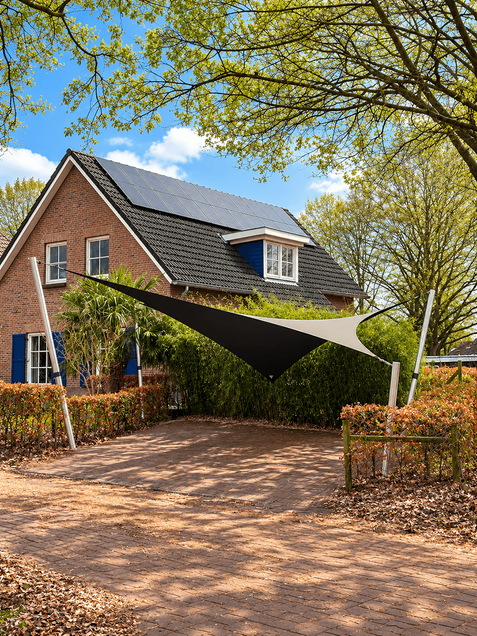 Maatwerk schaduwdoek als carport boven een oprit bij een vrijstaande woning.