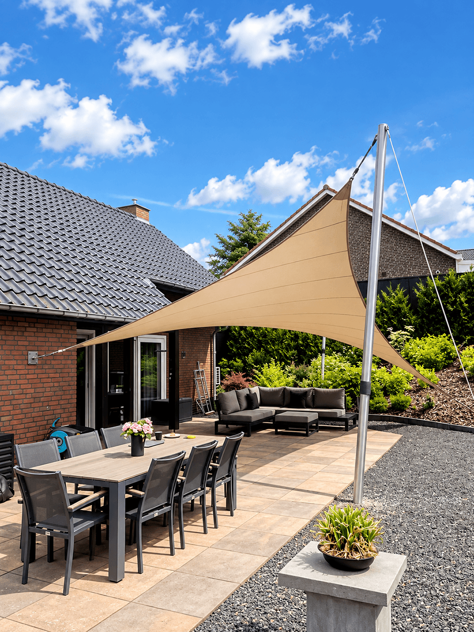 Maatwerk zonnedoek van Mobuline boven een ruim terras aan huis met eet- en loungegedeelte.