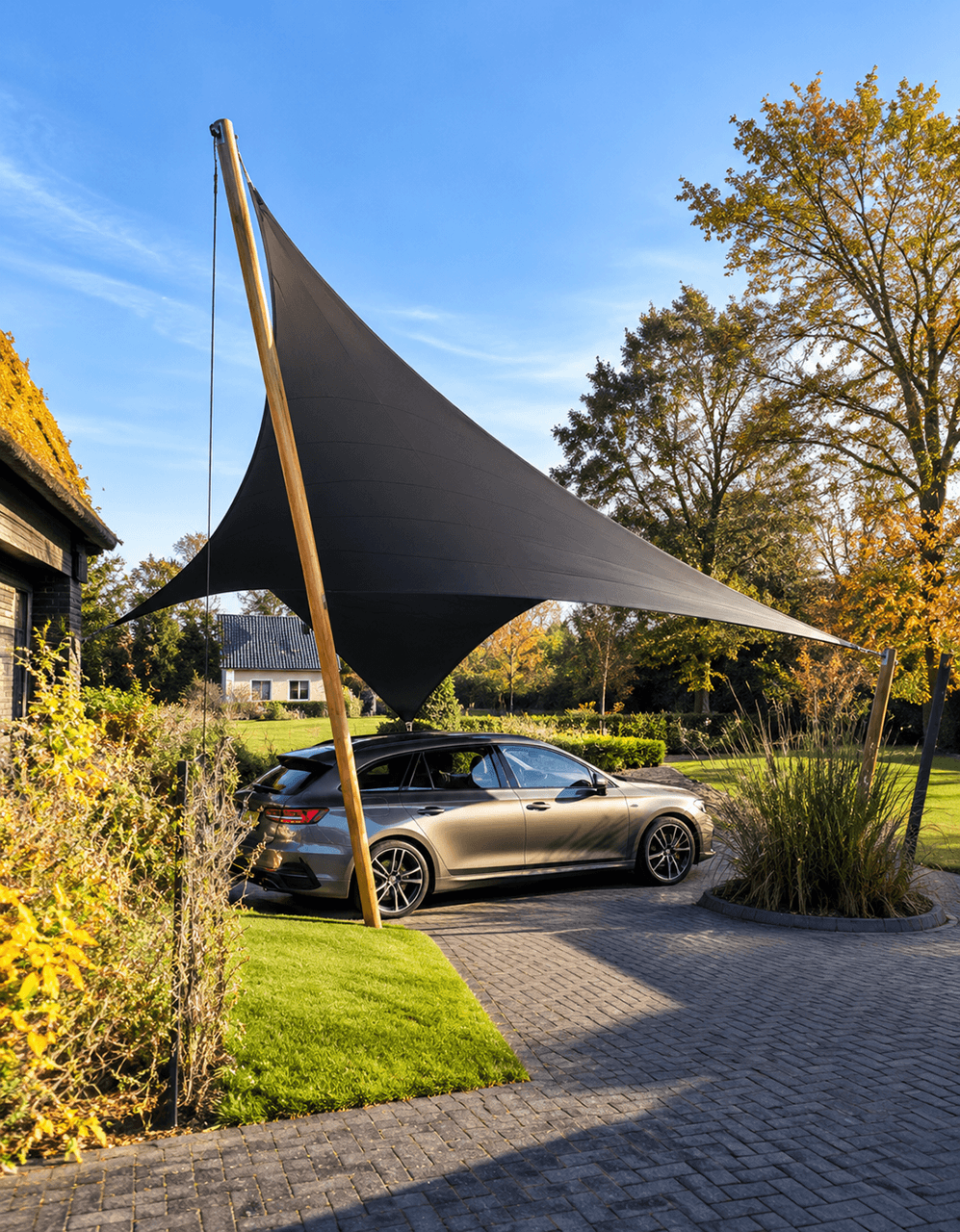 Architectonische design carport van Mobuline met donkere textieloverkapping op maat boven meerdere auto’s bij een vrijstaande villa.