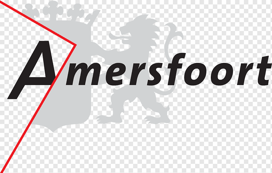 Stylized text "Amersfoort" with a lion and crown emblem in the background, separated by a red diagonal line.