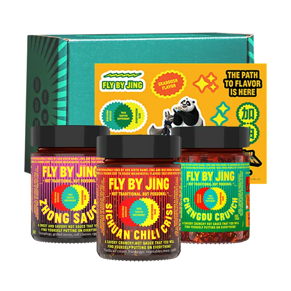 Three jars of Fly By Jing sauces with Kung Fu Panda 4 sticker sheet