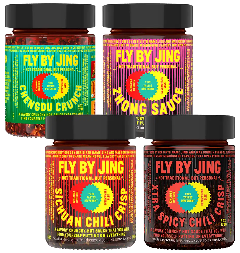 Four jars of Fly By Jing sauces