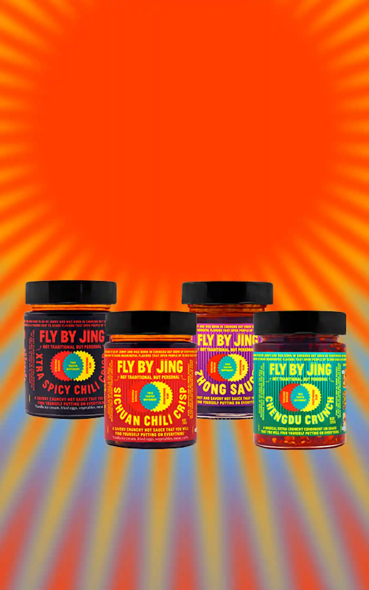Fly By Jing sauce jars with tie dye effect in the background