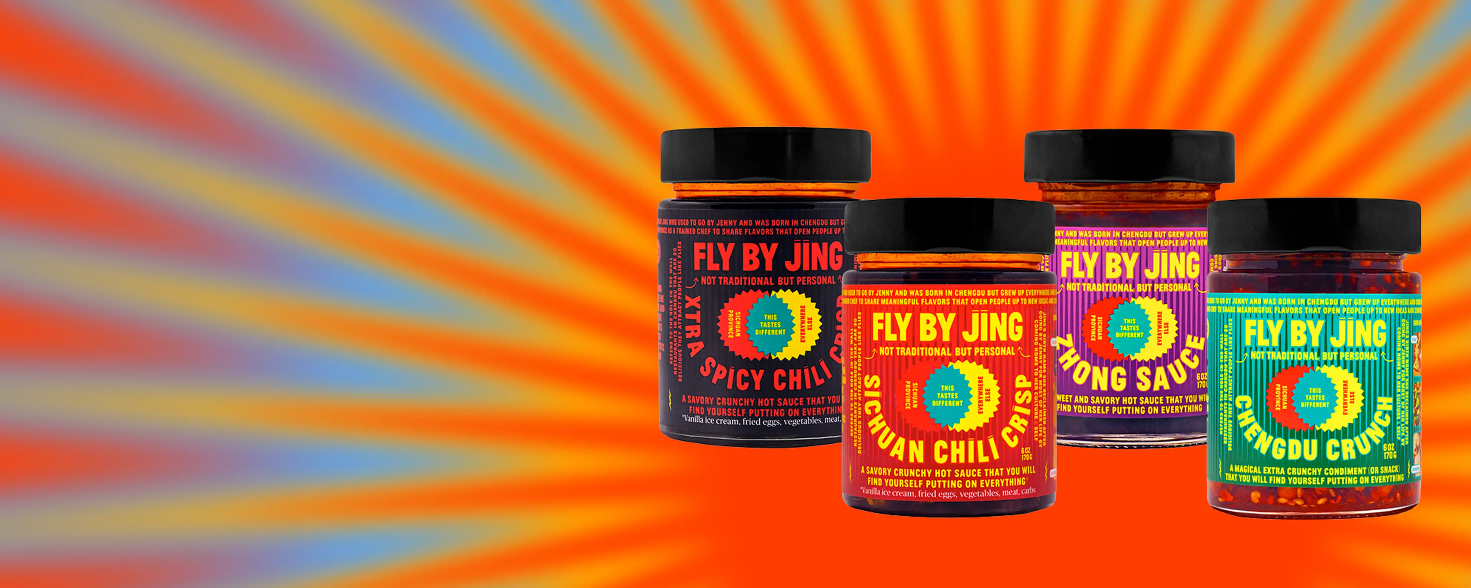Fly By Jing sauce jars with tie dye effect in the background
