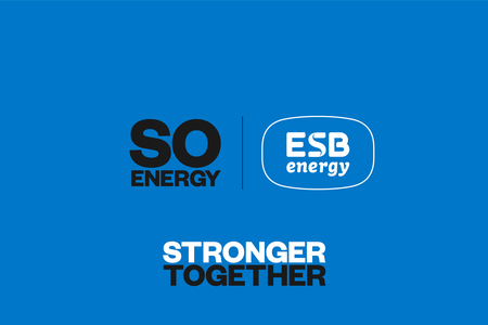 So Energy logo and ESB Energy logo above text reading 'stronger together' all on a blue background